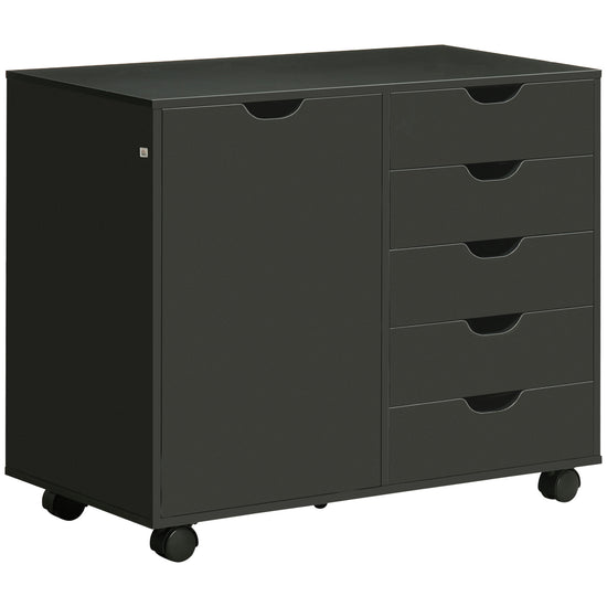 HOMCOM Modern Mobile 5-Drawer Chest with Door, Storage Cabinet, Dresser on Wheels, Printer Stand for Home Office, Black | The Comfy Couch Canada