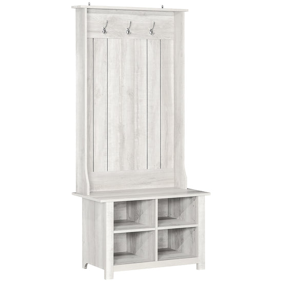 HOMCOM Hall Tree Coat and Shoe Storage Bench with Adjustable Shelves Entryway Organizer, White Finish.
