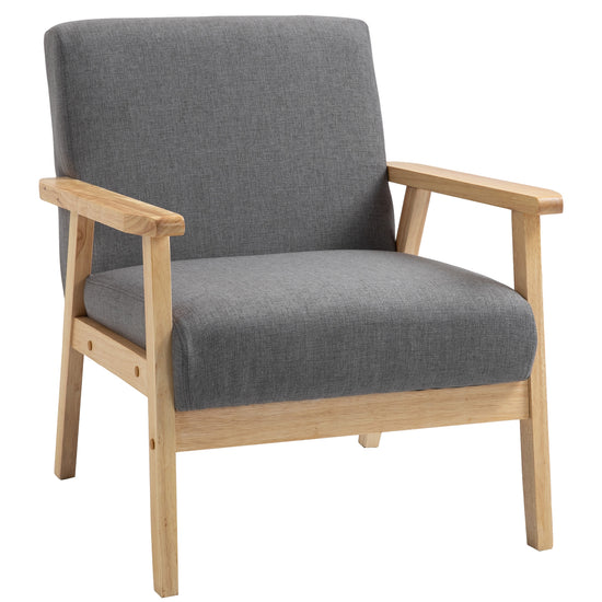HOMCOM Minimalistic Accent Chairs Wood Frame w/ Thick Linen Cushions Wide Seat Armchair for Bedroom Office, Grey | The Comfy Couch Canada