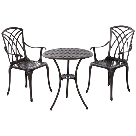 Outsunny 3 Pieces Patio Furniture Set, Outdoor Garden Conversation Set with Coffee Table, 2 Chairs and Umbrella Hole, Brown | The Comfy Couch Canada