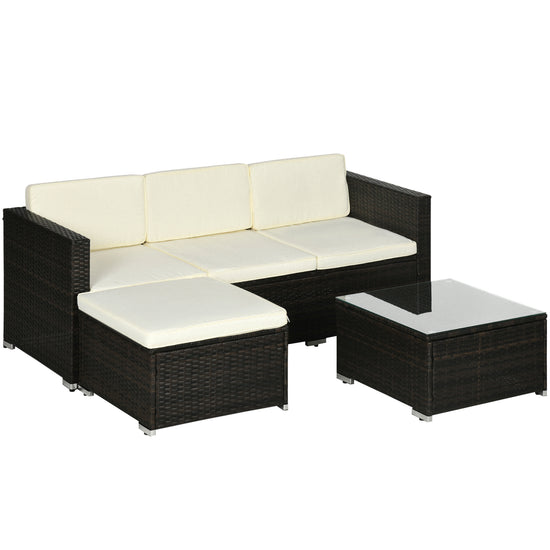 Outsunny 3 Pieces PE Rattan Patio Furniture, Wicker Conversation Corner Sofa Sets w/ Padded Cushions, Glass Top Table & Adjustable Foot | The Comfy Couch Canada