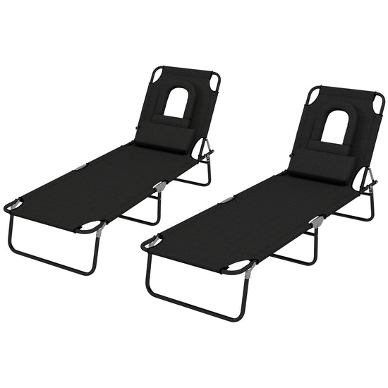 Outsunny 2PCS Adjustable Outdoor Lounge Chair, Garden Folding Chaise Lounge w/ Reading Hole Reclining Tanning Chair Seat, Folding Camping Beach Lounging Bed with Head Support Black | The Comfy Couch Canada