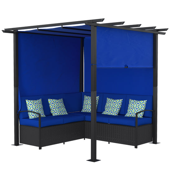 Outsunny Wicker Patio Furniture, Outdoor PE Rattan Sofa Set with Retractable Canopy Pergola, Shade Shelter, Blue | The Comfy Couch Canada