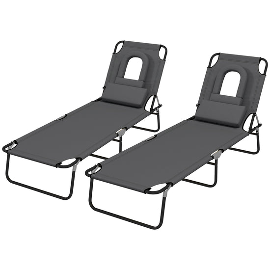 Outsunny 2PCS Adjustable Outdoor Lounge Chair, Garden Folding Chaise Lounge w/ Reading Hole Reclining Tanning Chair Seat, Folding Camping Beach Lounging Bed with Head Support Grey | The Comfy Couch Canada