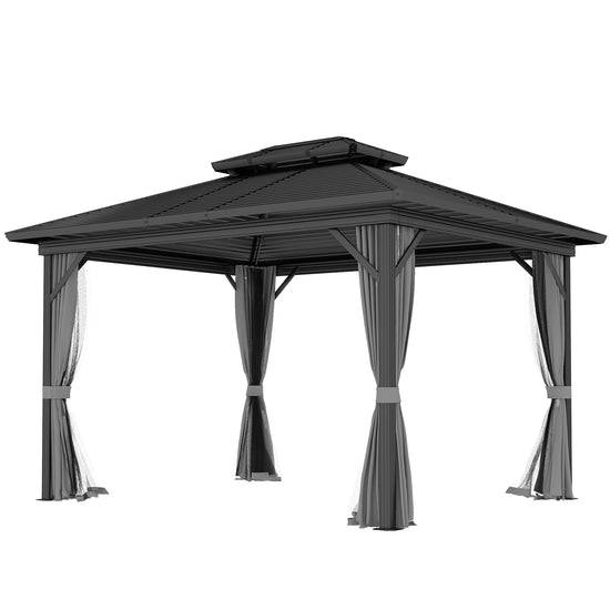 Outsunny 10 x 12ft Canopy Tent, Hardtop Gazebo with 2-Tier Metal Roof & Hanging Hooks for Outdoor Leisure, Light Grey | The Comfy Couch Canada