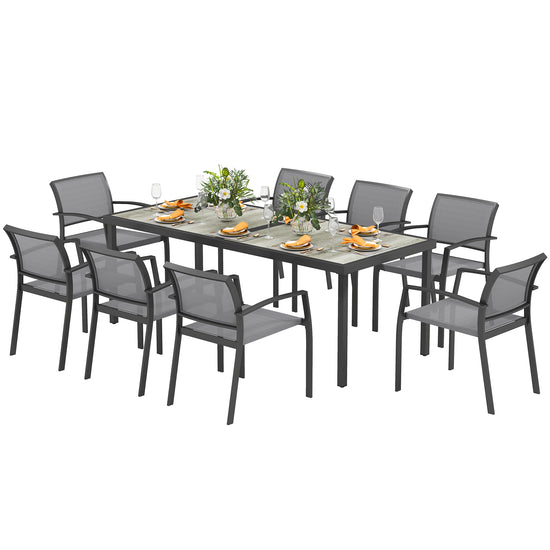 Outsunny 9 Pieces Patio Dining Set with Easy Clean Tabletop, 8 Stackable Chairs, for Garden, Backyard, Poolside, Deck, Grey | The Comfy Couch Canada