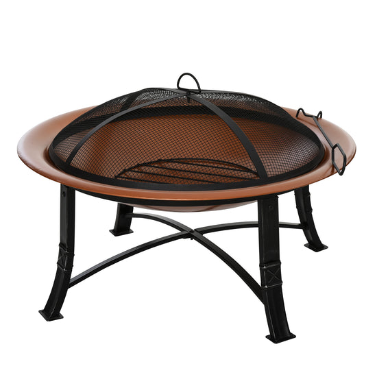 Outsunny 30" Outdoor Fire Pit Bowl, Round Fire Pit with Lid, Log Grate, Poker for Backyard, Camping, Picnic, Bronze | The Comfy Couch Canada