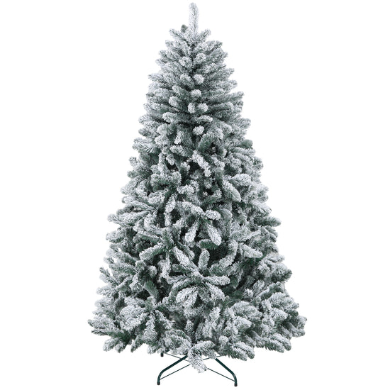 HOMCOM 6 Foot Artificial Flocked Christmas Tree with Snow, Metal Stand, Hinged Xmas Tree for Home Office Holiday.