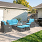 Outsunny 6 Pieces Patio Wicker Sofa Sets, Include 3-Seat Sofa, 2 Adjustable Recliners, 2 Footstools & Table Set, Sky Blue | The Comfy Couch Canada