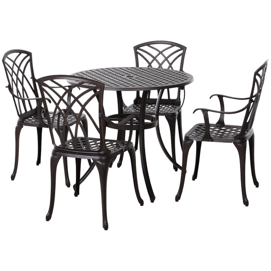 Outsunny 5 Pieces Outdoor Dining Set, Cast Aluminium Patio Table and Chairs with Parasol Hole, Patio Dining Set for 4, Brown | The Comfy Couch Canada
