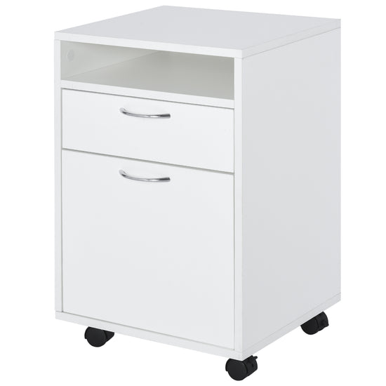 HOMCOM Mobile Vertical Filing Cabinet 24" with Drawer and Wheels - Essential Office Storage Cabinet in White.