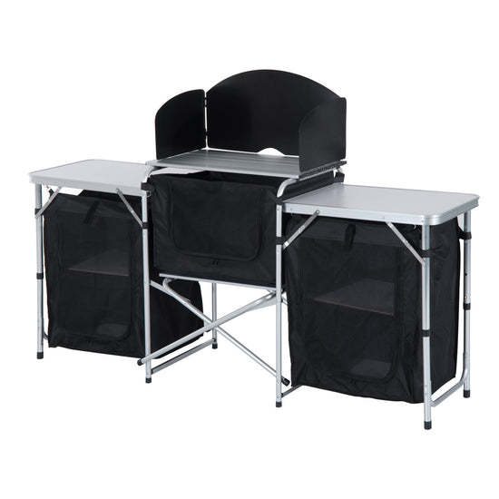 Outsunny Folding Camping Kitchen Table with Carrying Bag, Windscreen and 3 Enclosed Cupboards, Aluminum Cook Station, Black | The Comfy Couch Canada
