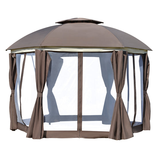 Outsunny 12x12 Outdoor Dome Gazebo Canopy Patio Shelter with Netting Sidewalls, Curtains & Double Vented Roof in Brown | The Comfy Couch Canada