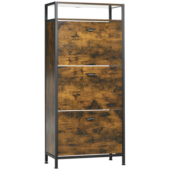 HOMCOM Industrial Style Shoe Storage with 3 Flip Drawers Open Shelf for 12 Pairs, Rustic Brown Finish | The Comfy Couch Canada