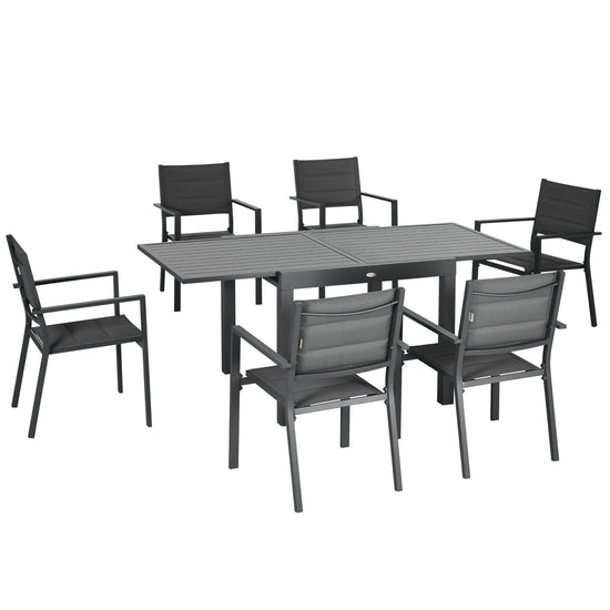 Outsunny 7PC Patio Dining Set Aluminum Expandable Table Stackable Chairs Mesh Fabric Seats Dark Gray | The Comfy Couch Canada