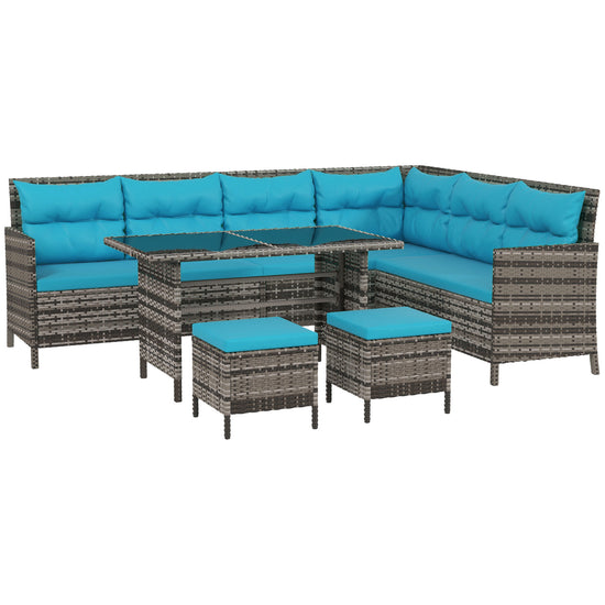 Outsunny 6pc Outdoor Rattan Wicker Sectional Sofa Set Garden Patio Furniture Dining Table Chairs Sky Blue | The Comfy Couch Canada