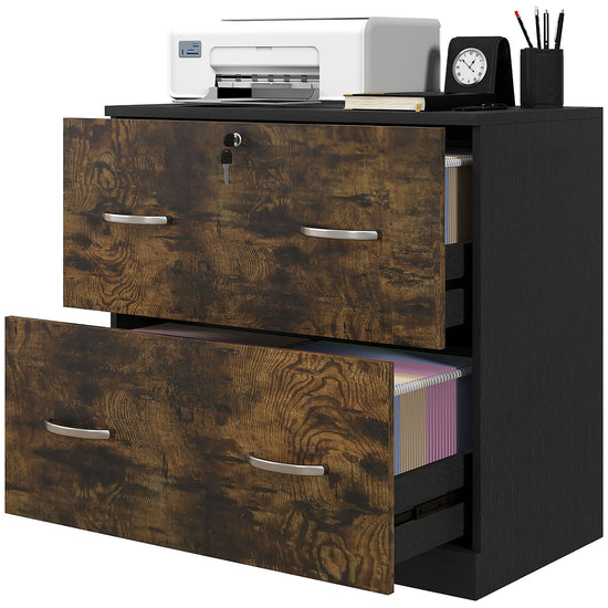 Vinsetto 2 Drawer File Cabinet with Lock, Office Filing Cabinet, Hanging Bar for Letter Size, Home Office, Rustic Brown.