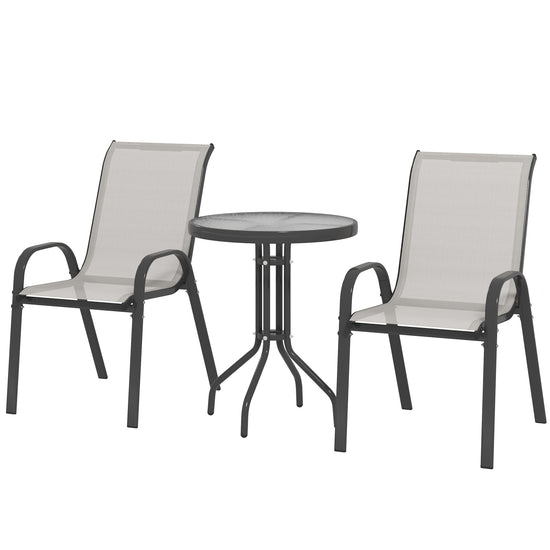 Outsunny 3 Pieces Bistro Set, Small Patio Furniture Set with Stackable Mesh Chairs, Glass Table for Garden, Balcony, Light Grey | The Comfy Couch Canada