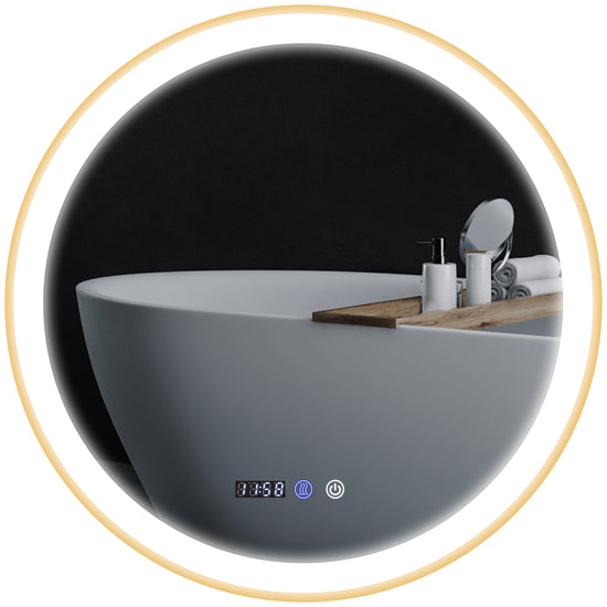 HOMCOM Round Bathroom Mirror with LED Lights, Wall Mounted Vanity Mirror with Anti-Fog Pad, Time and Temp Display, Gold.