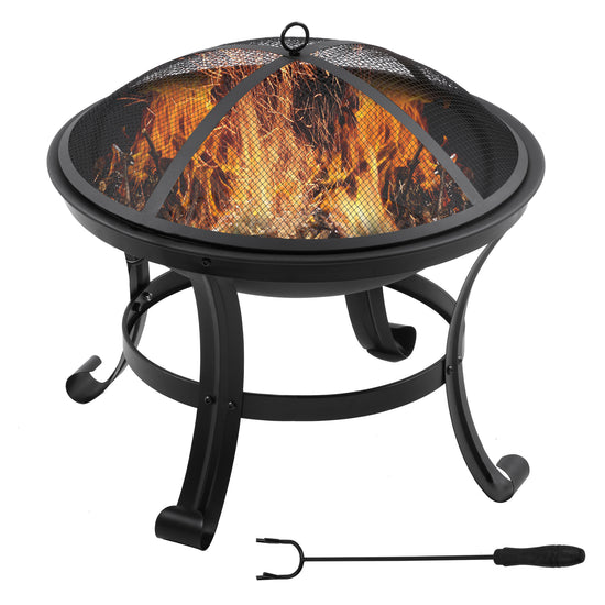 Outsunny Outdoor Fire Pit, Firepit with Mesh Lid, Poker, for Camping, Bonfire, Picnic, Black | The Comfy Couch Canada