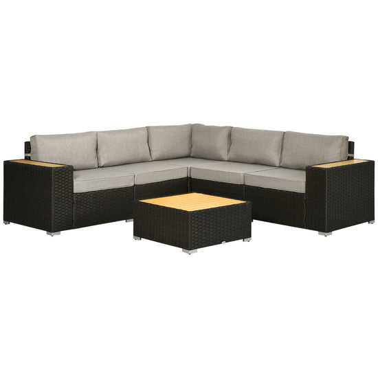 Outsunny 6-Piece Brown Rattan Outdoor Patio Furniture Set, Corner Sofa with Wood-Plastic Coffee Table, Cushions | The Comfy Couch Canada