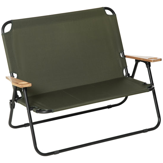 Outsunny Double Folding Loveseat Camping Chair Portable Outdoor 2 Person Wood Armrest Fishing Travel Green | The Comfy Couch Canada