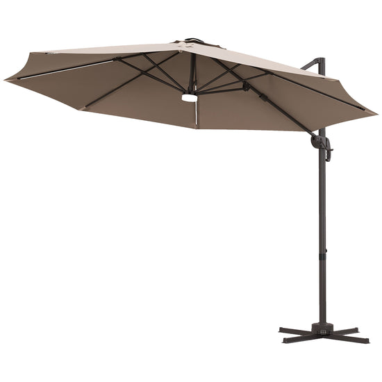 Outsunny 10ft Offset LED Patio Umbrella: Cantilever Parasol with 360å¡ Rotation, Cross Base for Outdoor Deck & Beach, Khaki | The Comfy Couch Canada