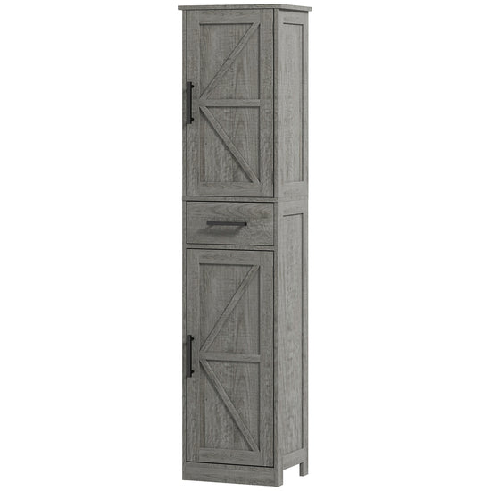 HOMCOM 67" Tall Bathroom Cabinet, Narrow Bathroom Storage Cabinet with Drawer, Barn Doors and Adjustable Shelves, Dark Grey | The Comfy Couch Canada