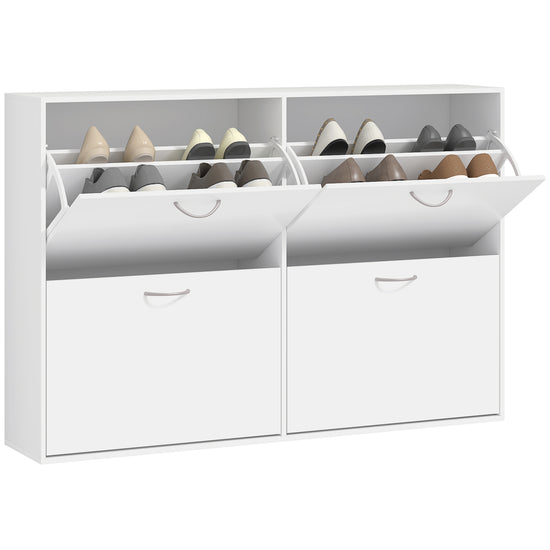 HOMCOM Entryway Shoe Organizer, Modern Wooden Shoe Rack Cabinet with 4 Flip Down Drawers, Ample Storage Space in White | The Comfy Couch Canada