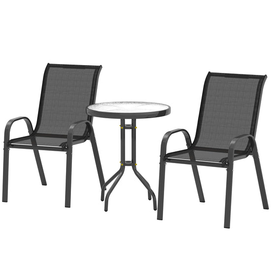 Outsunny 3 Pieces Bistro Set, Small Patio Furniture Set with Stackable Mesh Chairs, Glass Table for Garden, Balcony, Black | The Comfy Couch Canada