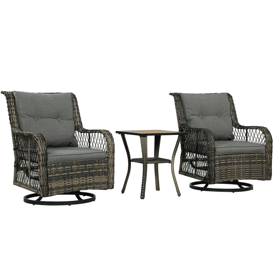 Outsunny 3 Piece Outdoor Bistro Set, Wicker Patio Furniture Set with Swivel Glider Chairs for Balcony, Porch, Grey | The Comfy Couch Canada