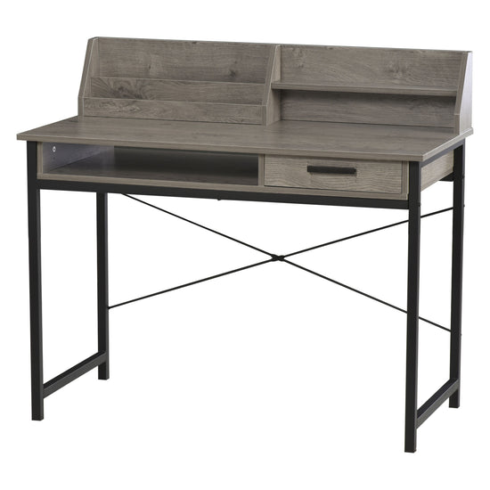 HOMCOM Grey Industrial Computer Desk with Drawer & Open Shelves - Stylish Writing Table with Hutch for Home Office.