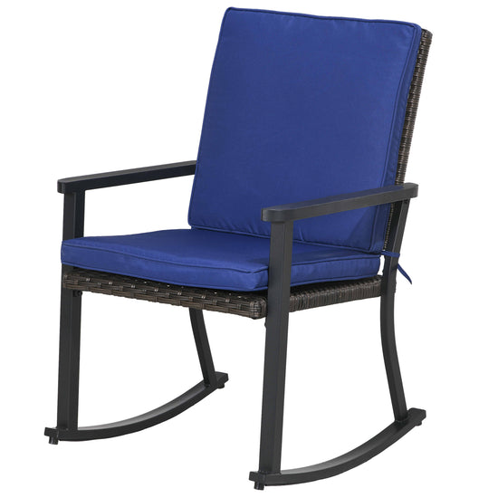 Outsunny Patio Wicker Rocking Chair Outdoor PE Rattan High Back Armrest Seat Cushion Blue Color Furniture | The Comfy Couch Canada
