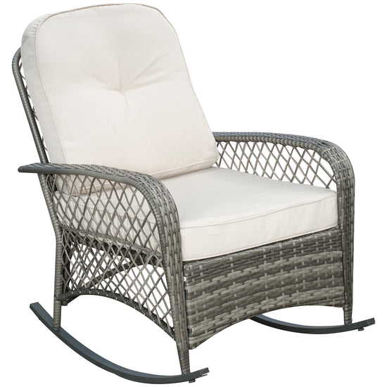 Outsunny PE Rattan Rocking Chair Outdoor Patio Wicker Recliner with Soft Cushion for Garden Backyard Porch Khaki | The Comfy Couch Canada