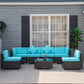 Outsunny 7 Pieces Patio Sofa Outdoor Wicker Sectional Patio Furniture, Deep Coffee & Light Blue | The Comfy Couch Canada