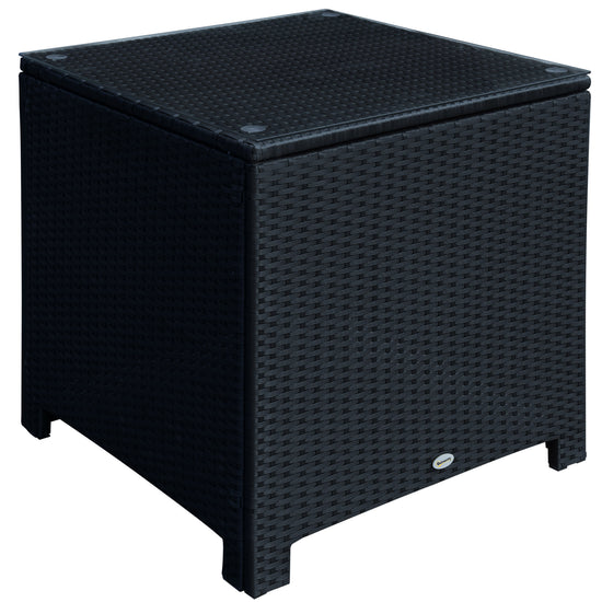 Outsunny Rattan Wicker Side Coffee Table w Glass Top Outdoor Patio Furniture Black | The Comfy Couch Canada