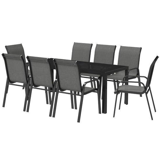 Outsunny 9 Pieces Patio Set with Stackable Chairs, Patio Dining Set with Glass Top for Garden, Patio, Backyard, Grey | The Comfy Couch Canada
