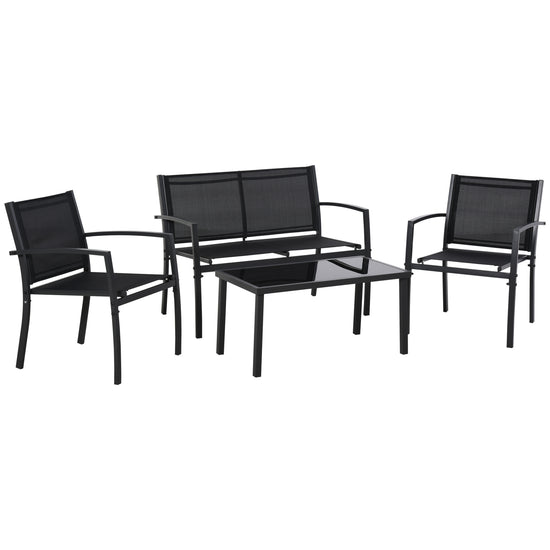 Outsunny 4-Piece Patio Furniture Set with Glass Top Coffee Table, Breathable Mesh Seat & Backrest for Garden, Balcony, Black | The Comfy Couch Canada
