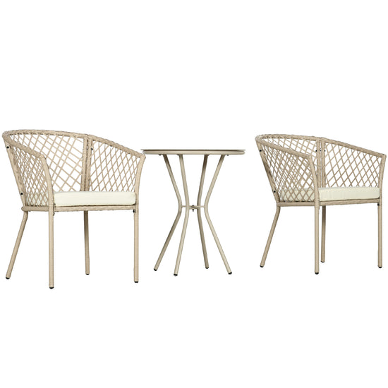 Outsunny 3 Pieces Patio Furniture Outdoor PE Rattan Bistro Set w/ Seat Cushions, Glass Table for Garden, Backyard, Beige | The Comfy Couch Canada