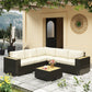 Outsunny 6 Pieces Outdoor Rattan Patio Furniture Set with Corner Sofa, Wood-Plastic Coffee Table, Light Khaki | The Comfy Couch Canada