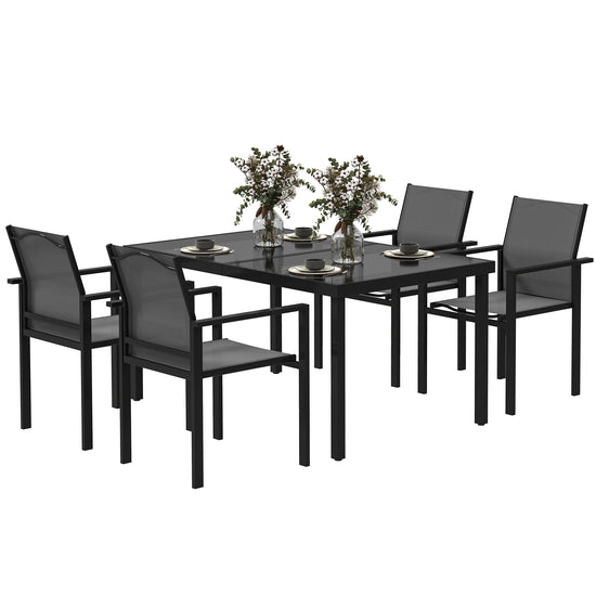 Outsunny 5 Piece Patio Dining Set with 2.1" Umbrella Hole, 4 Stackable Chairs, Tempered Glass Top, Rust-Resistant Metal Frame | The Comfy Couch Canada