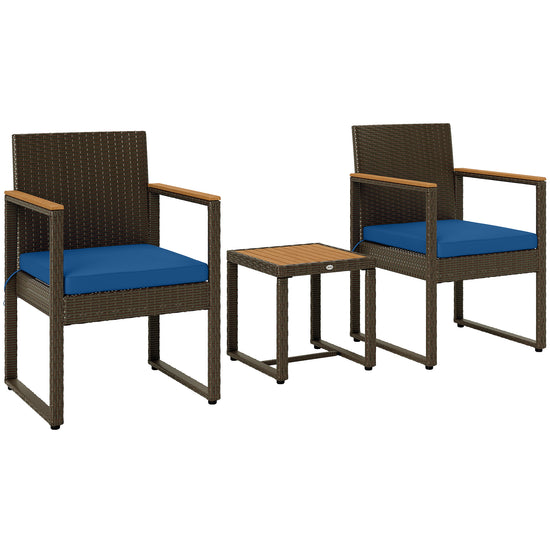 Outsunny 3 Pieces Wicker Patio Furniture Set, Rattan Bistro Set w/ Acacia Wood Table & Removable Cushions, Dark Blue | The Comfy Couch Canada