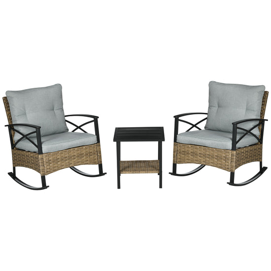 Outsunny Patio Wicker 3 Pieces Rocking Chair Set, PE Rattan Bistro Set with Padded Cushions, Rocker Chairs and Two-tier Iron Plate Top | The Comfy Couch Canada