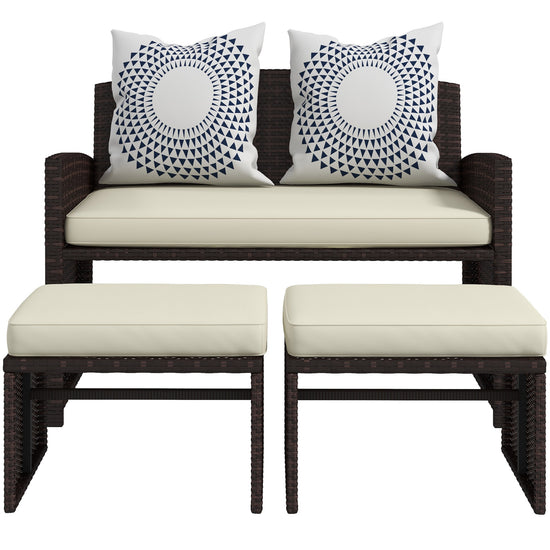 Outsunny 3 Pieces PE Rattan Patio Furniture Wicker Conversation Sofa Sets w/ Multi-functional Footstools and Two Pillows, Beige | The Comfy Couch Canada