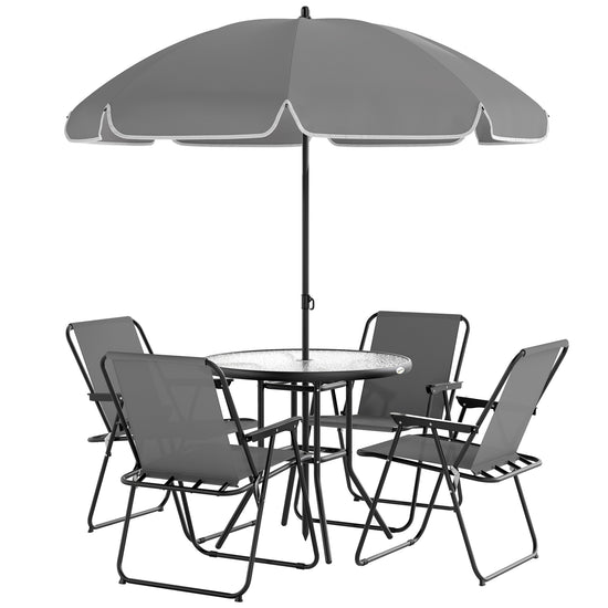 Outsunny 6 Pieces Patio Dining Set with Umbrella, Patio Furniture Set with Folding Chairs, Glass Table for Garden Backyard, Grey | The Comfy Couch Canada