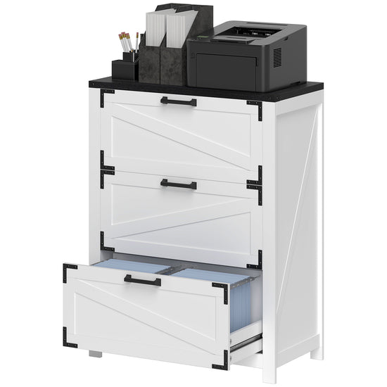 HOMCOM 3 Drawer Filing Cabinet, Farmhouse Office Storage Cabinet with Adjustable Hanging Bars for Letter, A4, Legal Size, White.