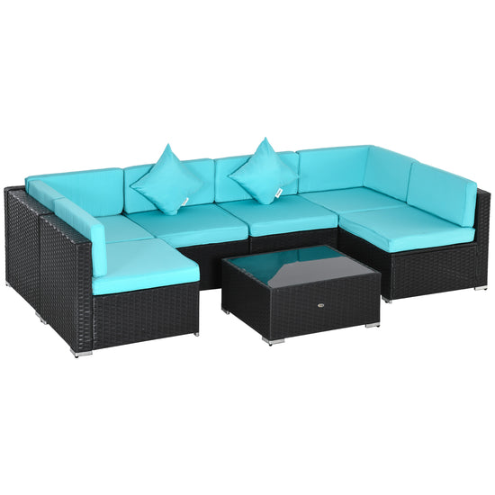 Outsunny 7 Pieces Patio Sofa Outdoor Wicker Sectional Patio Furniture, Deep Coffee & Light Blue | The Comfy Couch Canada