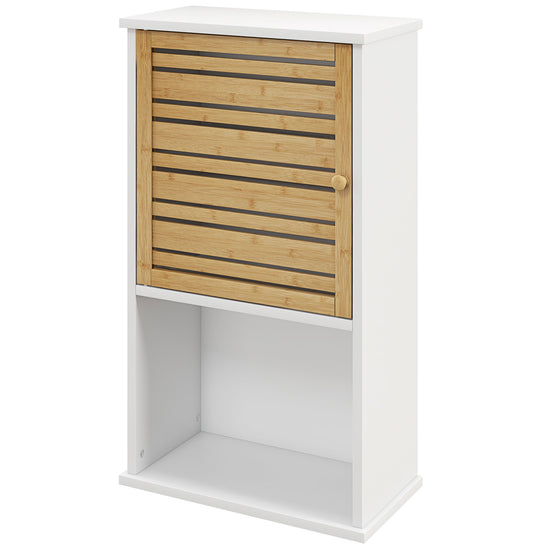 HOMCOM Wall Mounted Bathroom Cabinet Storage Bamboo Slat Door Adjustable Shelf White | The Comfy Couch Canada