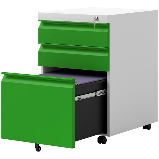 Vinsetto 3 Drawer Filing Cabinet, Lockable Office Storage Cabinet on Wheels for Legal, Letter, A4 Files, Green | The Comfy Couch Canada