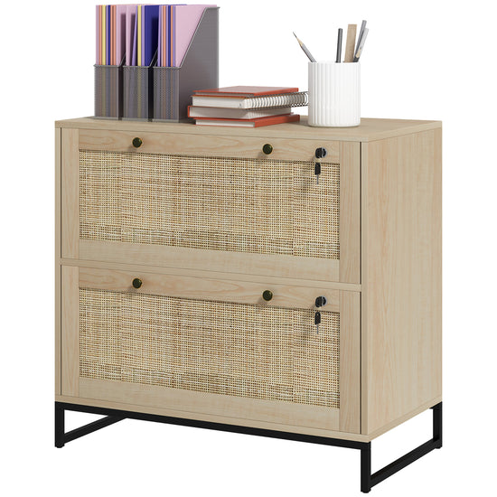 Vinsetto Boho Lockable 2 Drawer File Cabinet Adjustable Bar for Letter A4 Legal Size Natural Office Storage.